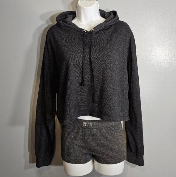 Divided Tops Cropped Hoodie Sweatshirt In Charcoal Gray Color By Hm